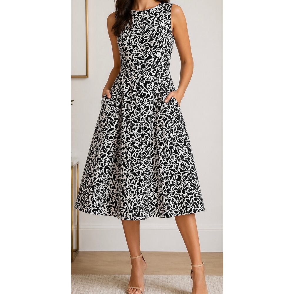 S Max Mara Fit & Flare Dress Sz 8 Black Cream Scroll Print Pleated Pocket Dress